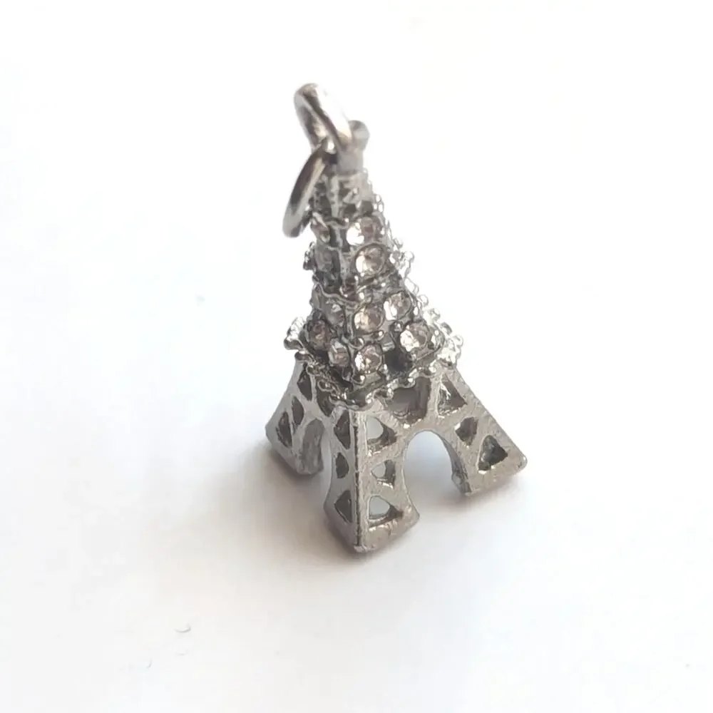 Vintage Silver Tone 3D Rhinestone Traveler Eiffel Tower Charm Necklace Pendant